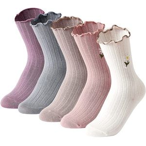 Womens Ruffle Socks - High Ankle - Dress Sock with Embroidery -  Pack of 5